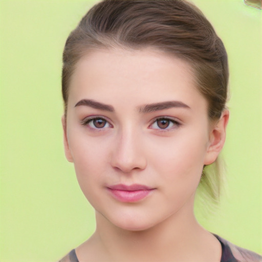 Neutral white young-adult female with short  brown hair and brown eyes