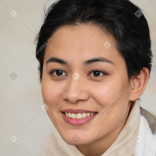 Joyful white young-adult female with medium  brown hair and brown eyes