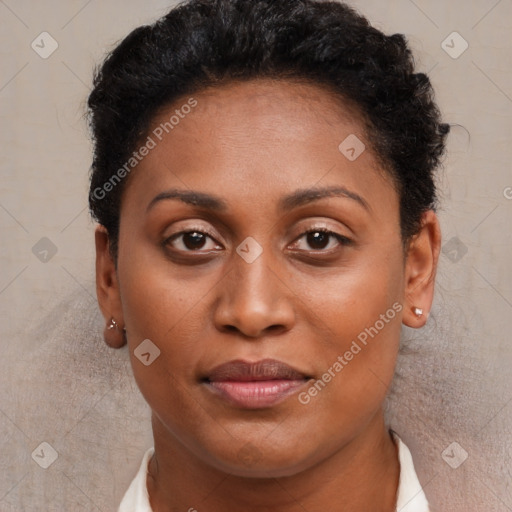 Joyful black young-adult female with short  brown hair and brown eyes