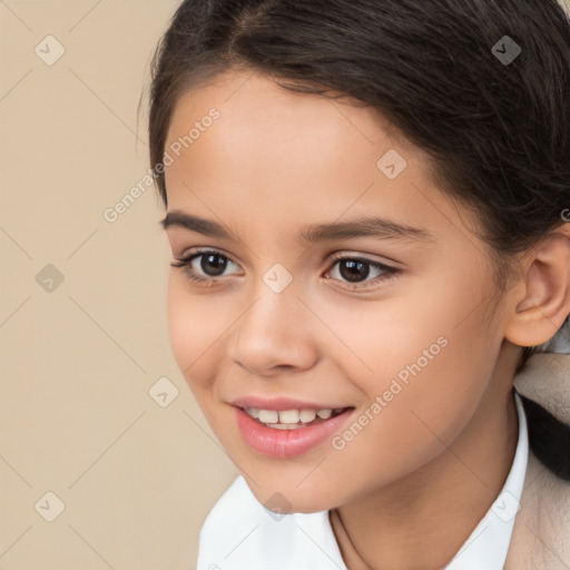 Joyful white child female with long  brown hair and brown eyes