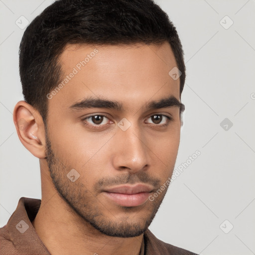 Neutral white young-adult male with short  brown hair and brown eyes