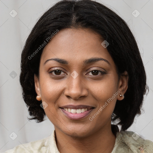 Joyful black young-adult female with medium  brown hair and brown eyes