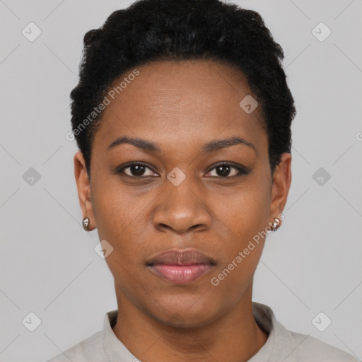 Neutral black young-adult female with short  black hair and brown eyes