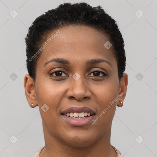 Joyful black young-adult female with short  brown hair and brown eyes