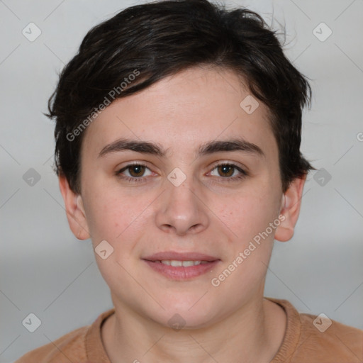 Joyful white young-adult female with short  brown hair and brown eyes