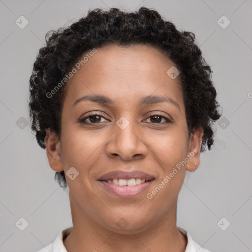 Joyful latino young-adult female with short  brown hair and brown eyes