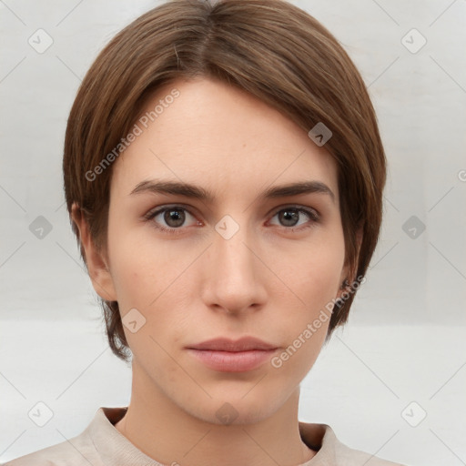 Neutral white young-adult female with short  brown hair and brown eyes