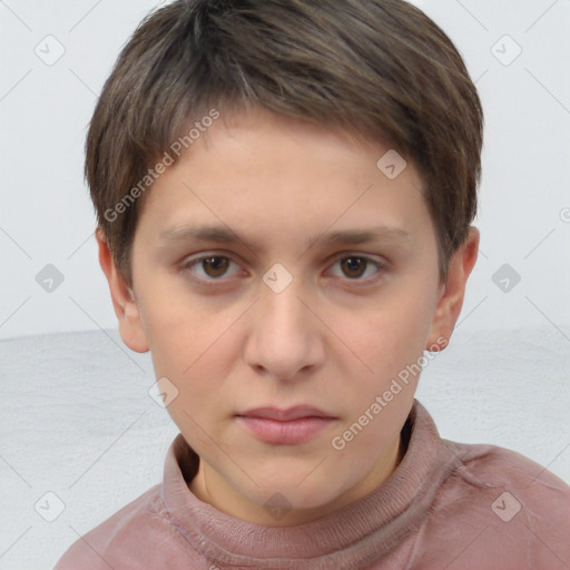 Neutral white young-adult female with short  brown hair and brown eyes