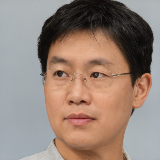 Joyful asian adult male with short  brown hair and brown eyes