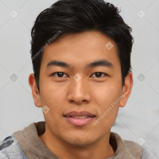 Neutral asian young-adult male with short  black hair and brown eyes