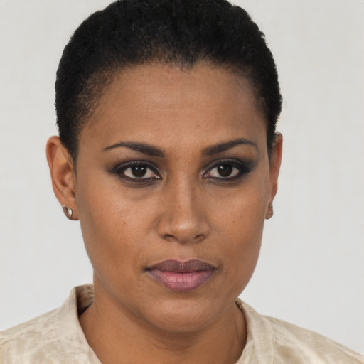 Neutral black young-adult female with short  brown hair and brown eyes