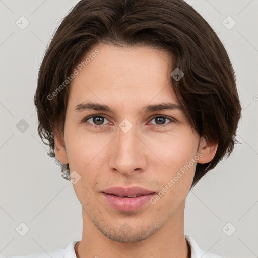 Neutral white young-adult male with short  brown hair and brown eyes