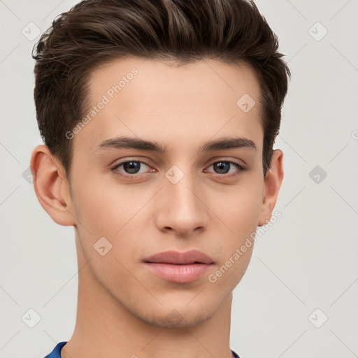 Neutral white young-adult male with short  brown hair and brown eyes