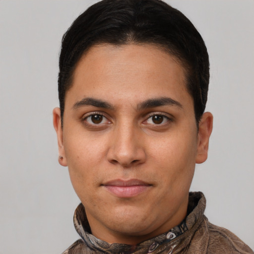 Neutral white young-adult male with short  brown hair and brown eyes