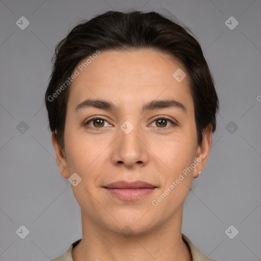 Joyful white young-adult female with short  brown hair and brown eyes