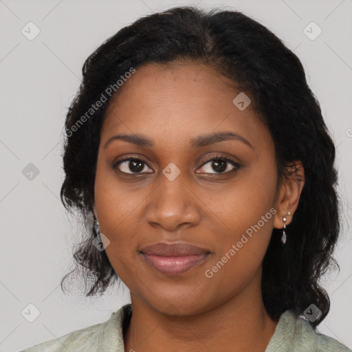 Joyful black young-adult female with medium  black hair and brown eyes