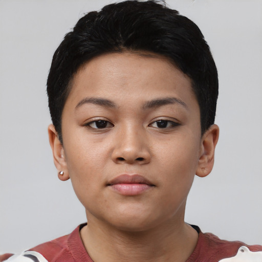 Neutral latino young-adult female with short  black hair and brown eyes