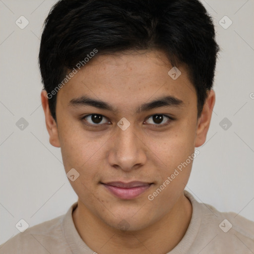 Joyful asian young-adult male with short  brown hair and brown eyes