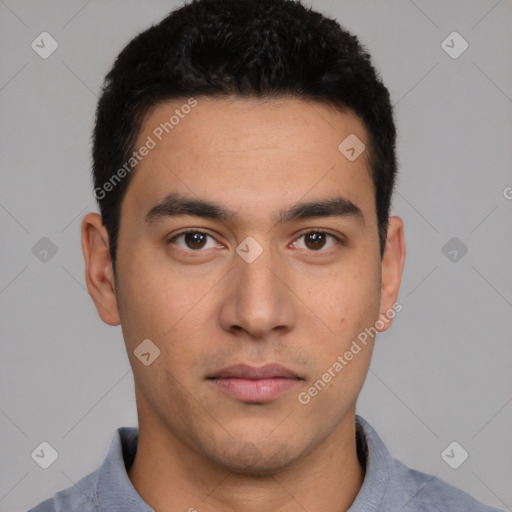 Neutral latino young-adult male with short  brown hair and brown eyes