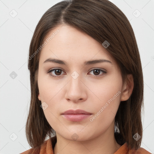 Neutral white young-adult female with medium  brown hair and brown eyes