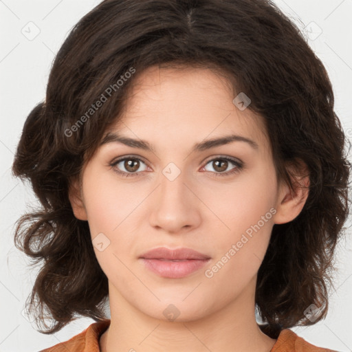 Neutral white young-adult female with medium  brown hair and brown eyes