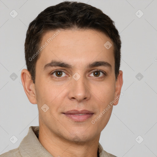 Joyful white young-adult male with short  brown hair and brown eyes