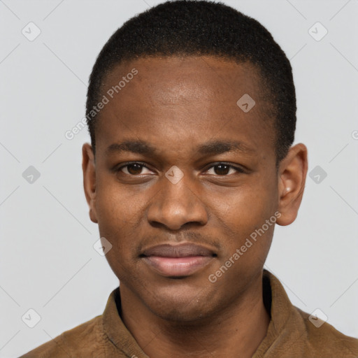 Joyful latino young-adult male with short  brown hair and brown eyes