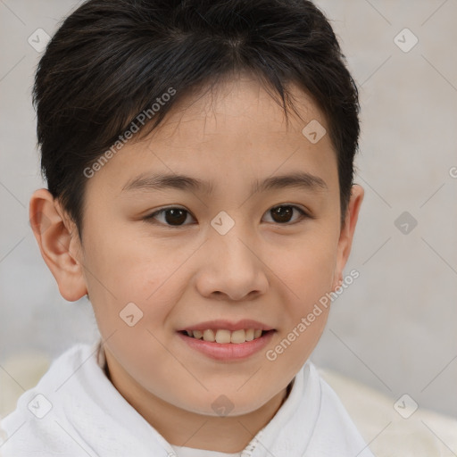 Joyful white child female with short  brown hair and brown eyes