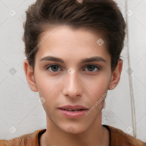 Neutral white young-adult female with short  brown hair and brown eyes