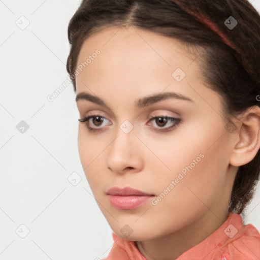 Neutral white young-adult female with medium  brown hair and brown eyes