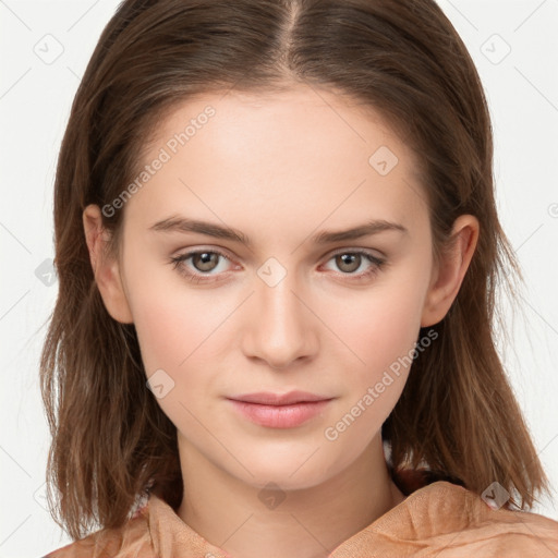 Neutral white young-adult female with long  brown hair and brown eyes