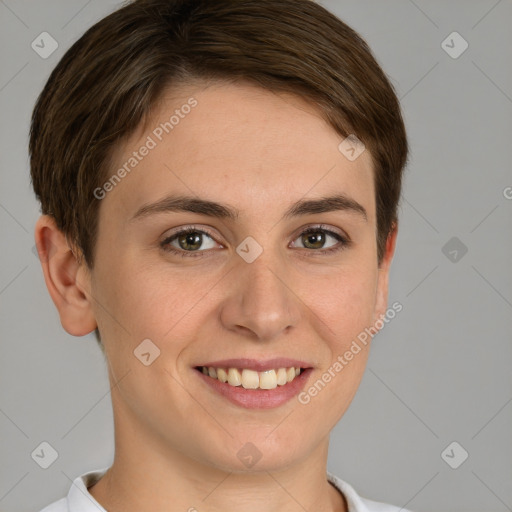 Joyful white young-adult female with short  brown hair and grey eyes