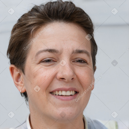 Joyful white adult female with short  brown hair and brown eyes