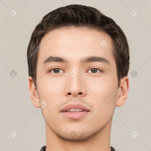 Neutral white young-adult male with short  brown hair and brown eyes