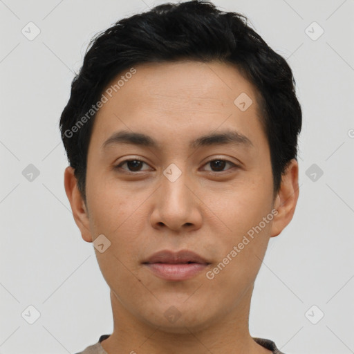 Neutral asian young-adult male with short  black hair and brown eyes