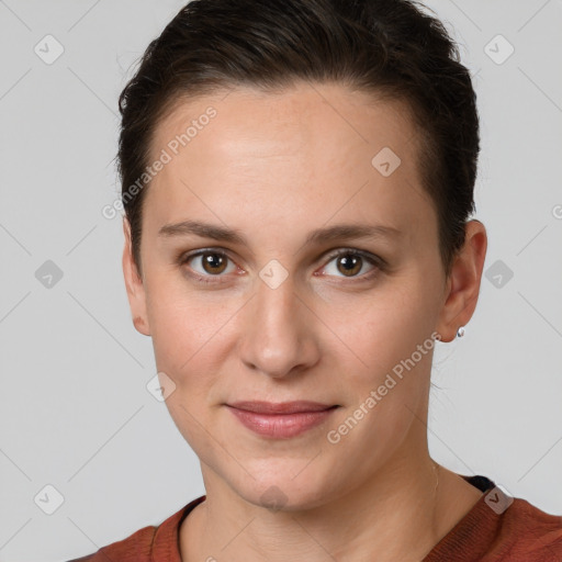 Joyful white young-adult female with short  brown hair and brown eyes