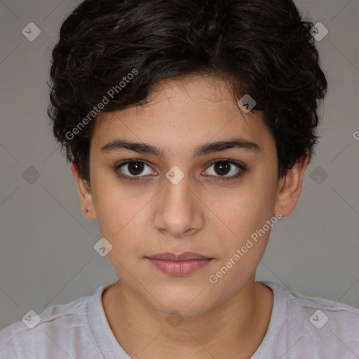 Neutral white young-adult female with short  brown hair and brown eyes