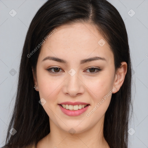 Joyful asian young-adult female with long  brown hair and brown eyes