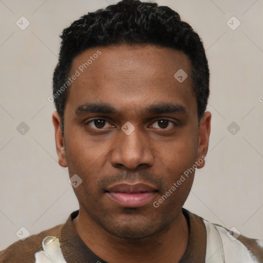 Neutral latino young-adult male with short  black hair and brown eyes