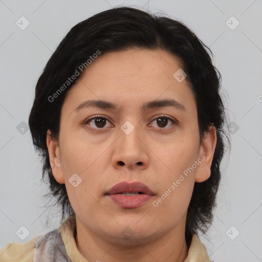 Neutral asian young-adult female with medium  brown hair and brown eyes