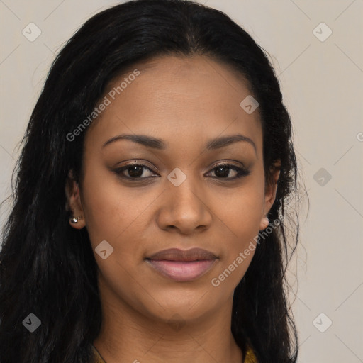 Joyful latino young-adult female with long  brown hair and brown eyes
