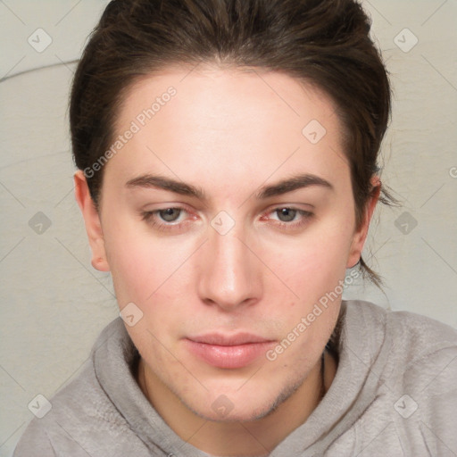 Neutral white young-adult female with short  brown hair and brown eyes