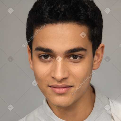 Joyful latino young-adult male with short  black hair and brown eyes