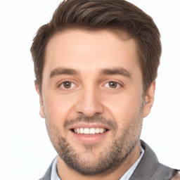 Joyful white young-adult male with short  brown hair and brown eyes