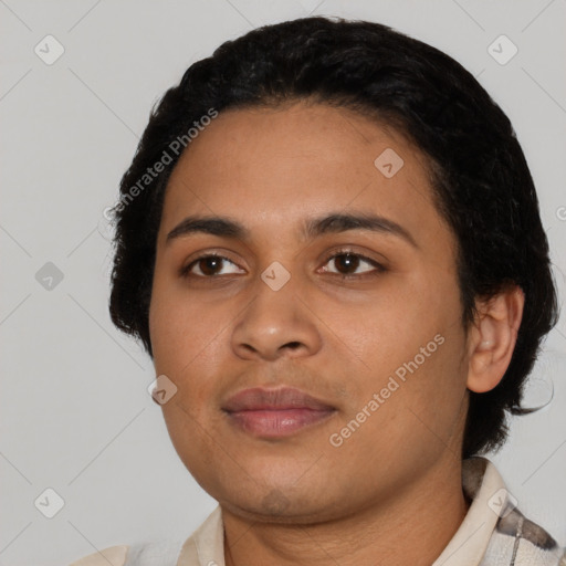 Neutral latino young-adult female with short  black hair and brown eyes