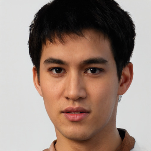 Neutral asian young-adult male with short  brown hair and brown eyes