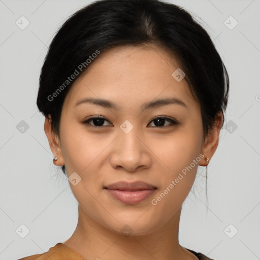 Joyful asian young-adult female with medium  black hair and brown eyes