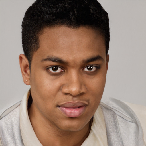Joyful black young-adult male with short  brown hair and brown eyes