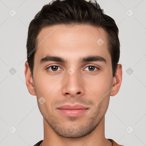 Neutral white young-adult male with short  brown hair and brown eyes