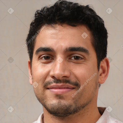 Joyful white young-adult male with short  black hair and brown eyes